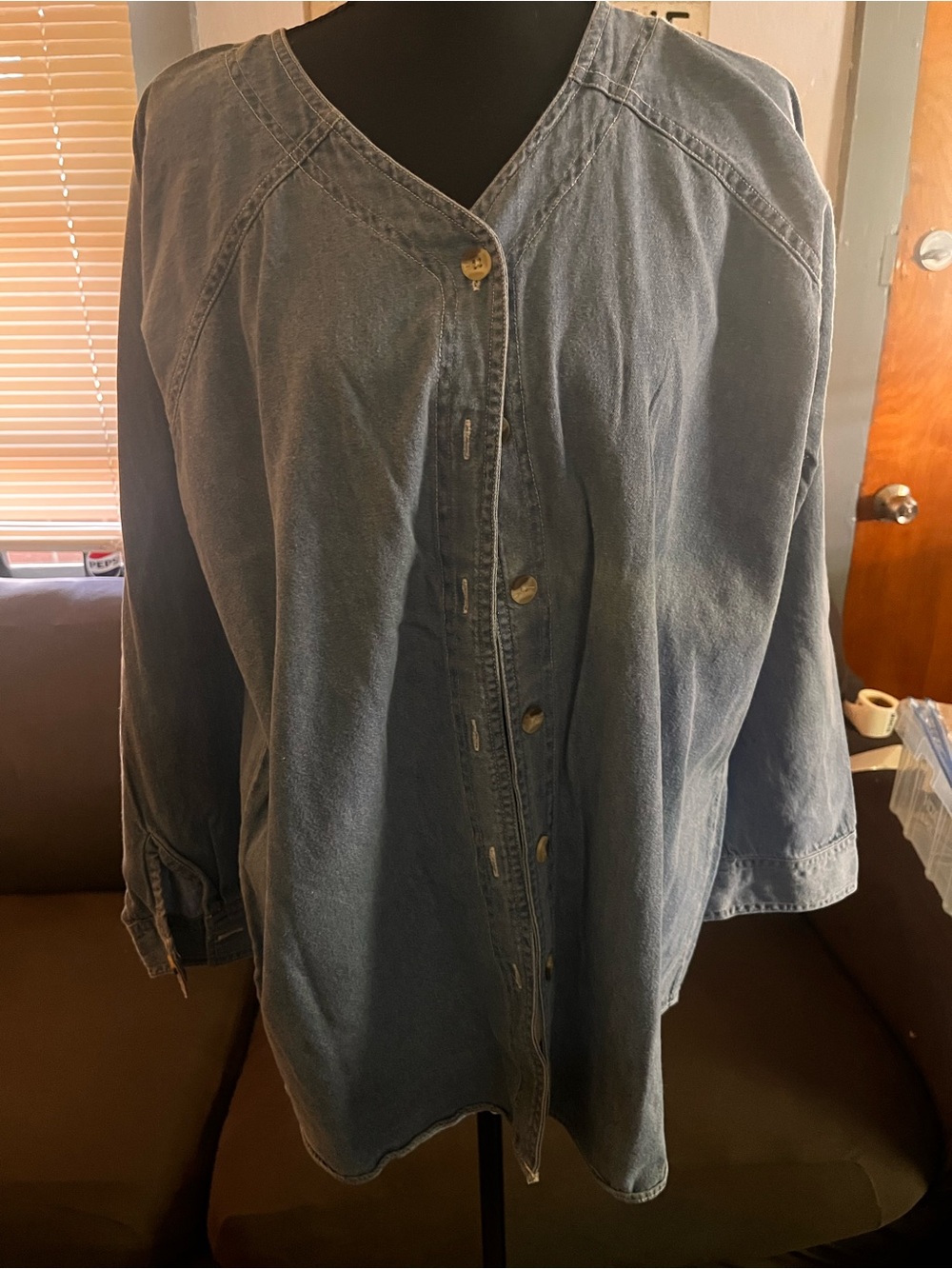 Button-Front Denim Shirt Jacket in Faded Blue Vintage Passport Fashion